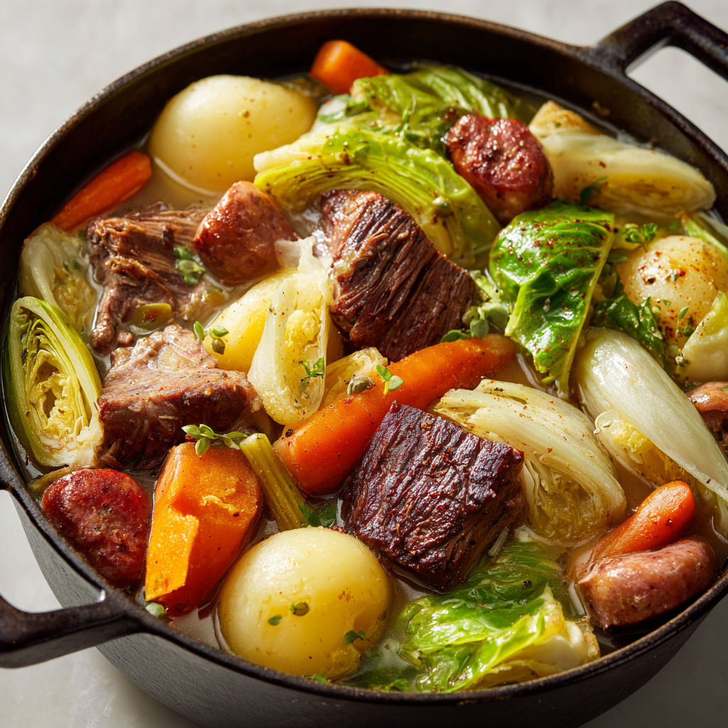 Pot-au-feu quatre viandes d’Hélène Darroze servi en bouillon avec plein de légumes colorés.
