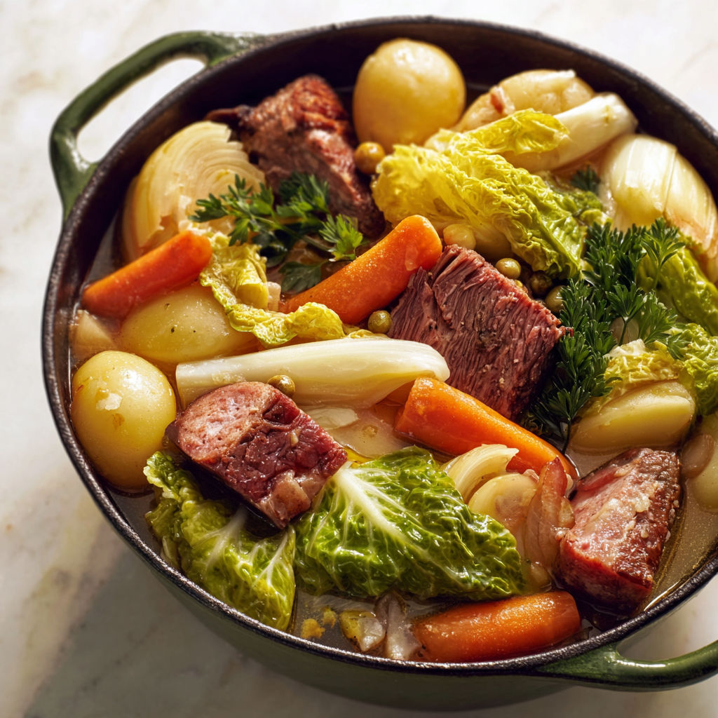 Pot-au-feu quatre viandes d’Hélène Darroze servi en bouillon avec plein de légumes colorés.