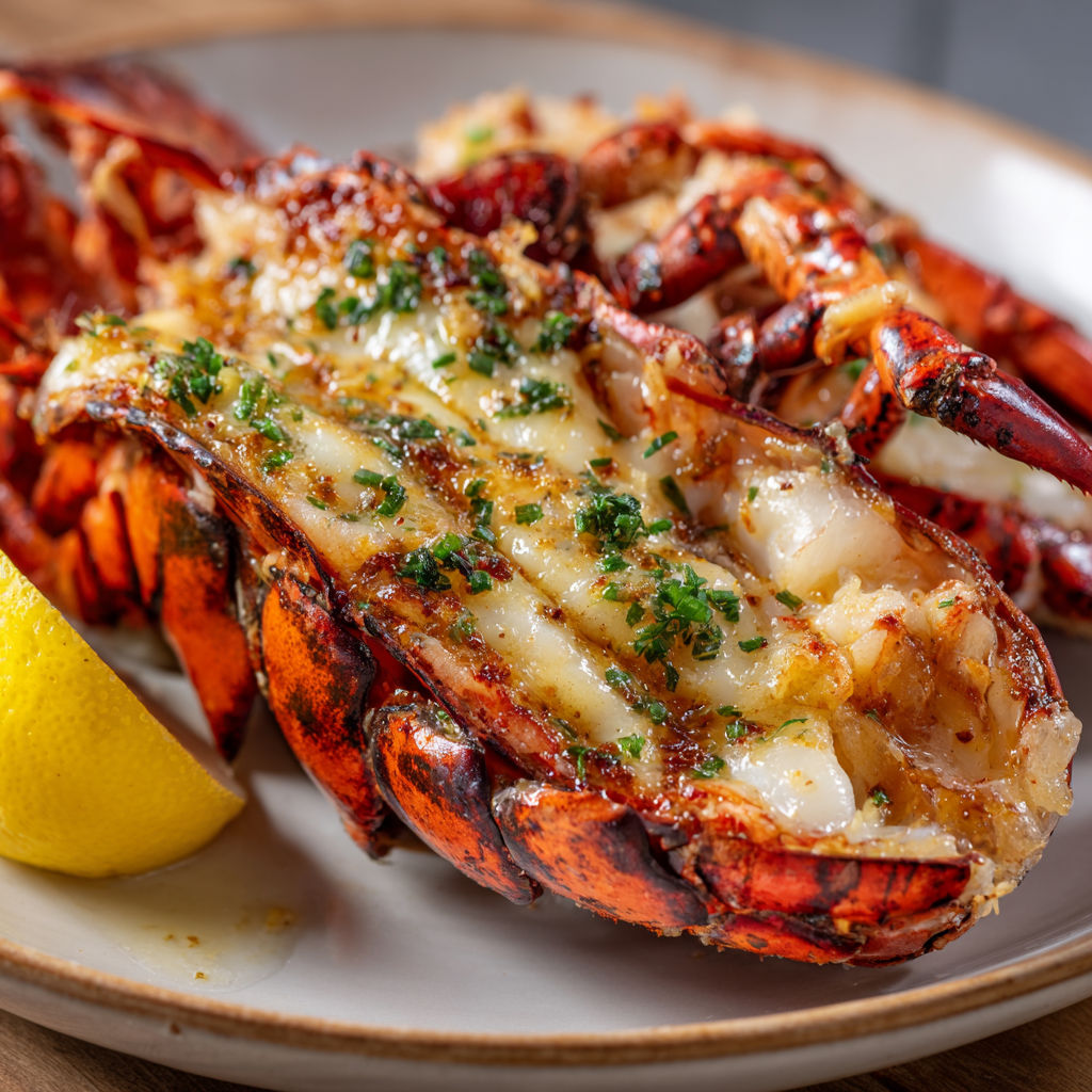 Un homard grillé rehaussé de beurre à la laitue de mer et de citron.