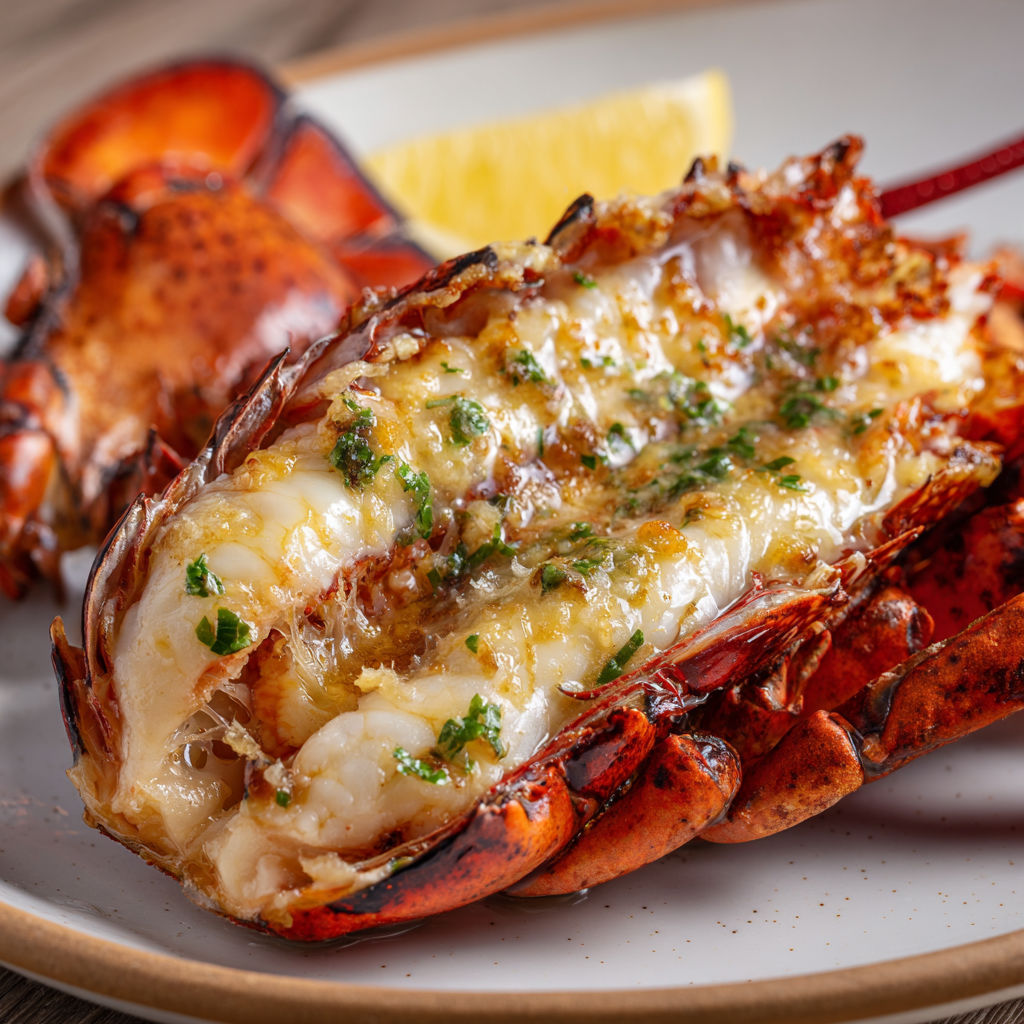 Homard entier grillé, moelleux, entouré de citrons dorés et accompagné d’un beurre à la laitue de mer, pour une assiette qui fait penser à une fête en bord de mer.