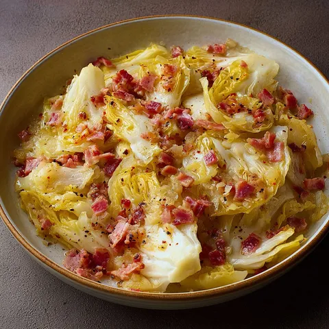 Plat d’endives aux lardons fumés posé sur une table, avec des endives et des lardons bien présentés.