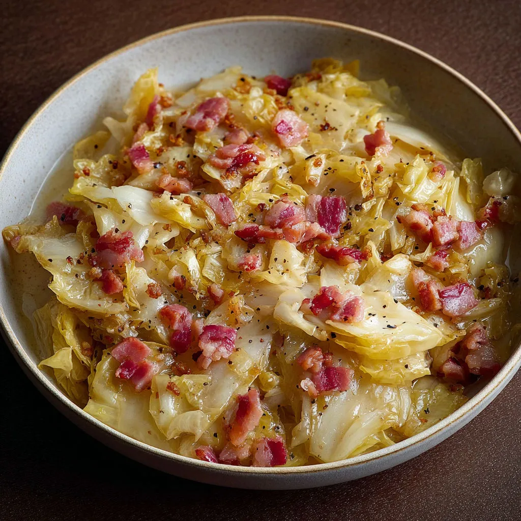 Assiette d'endives fondantes aux lardons, avec des épinards sur la table.