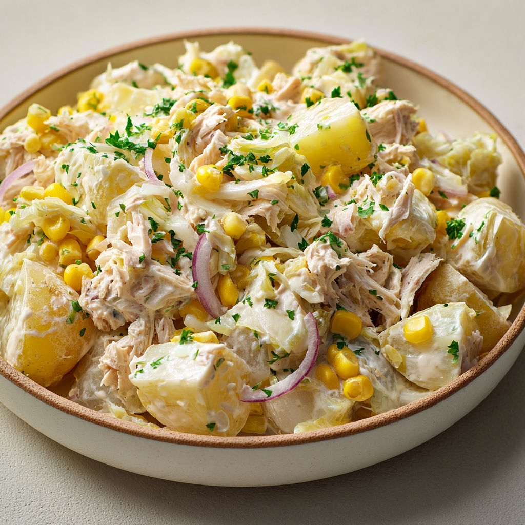 Pommes de terre moelleuses, endives croquantes, thon savoureux, salade faite maison.