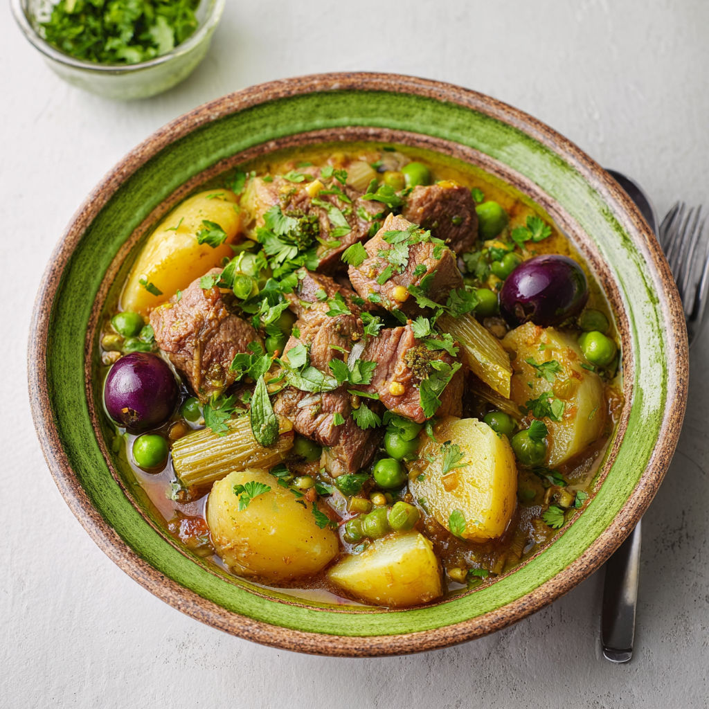 Un délicieux plat de Tajine d'agneau avec fenouil, petits pois et pommes de terre.