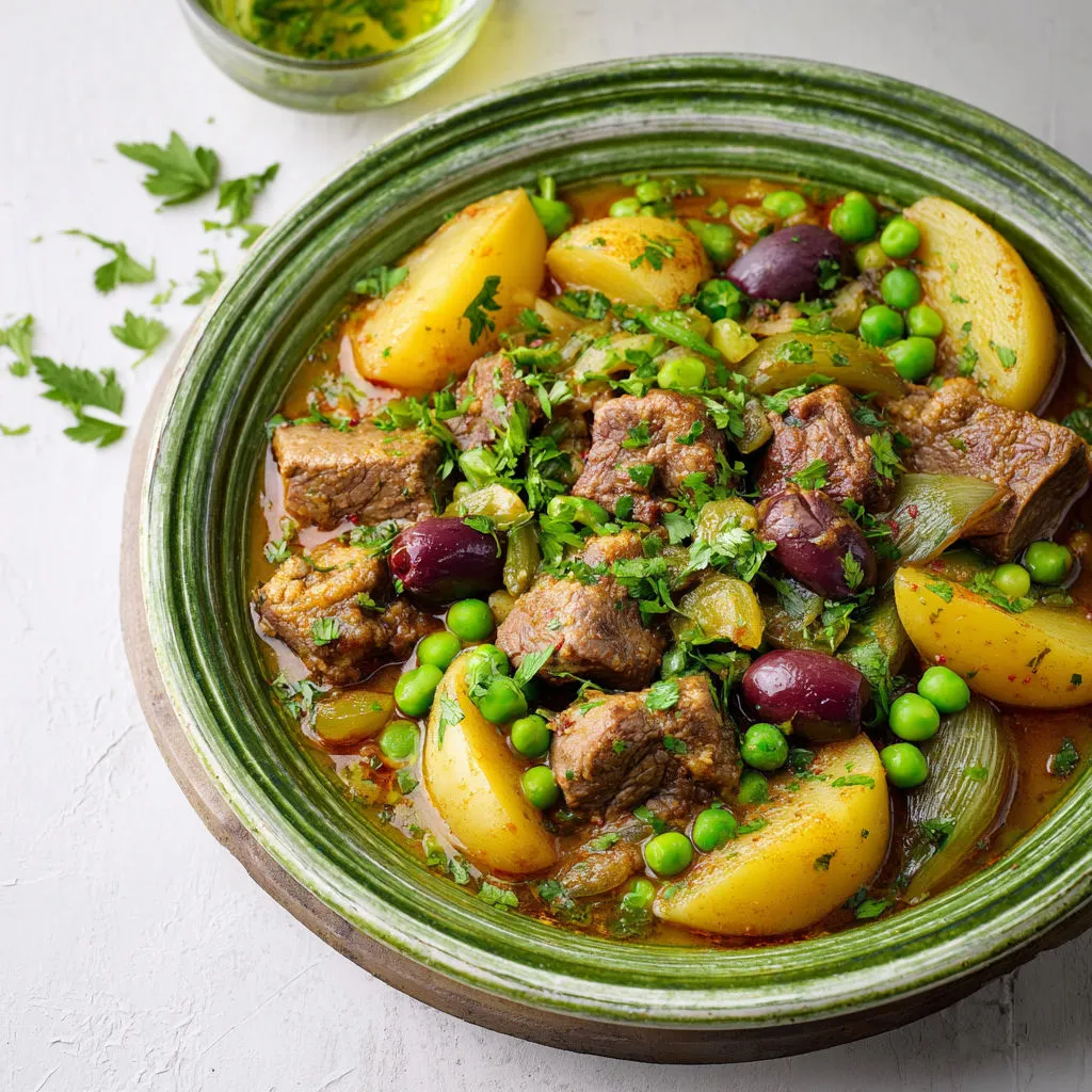Agneau fondant avec légumes frais et olives violettes, parfum délicat d’épices.
