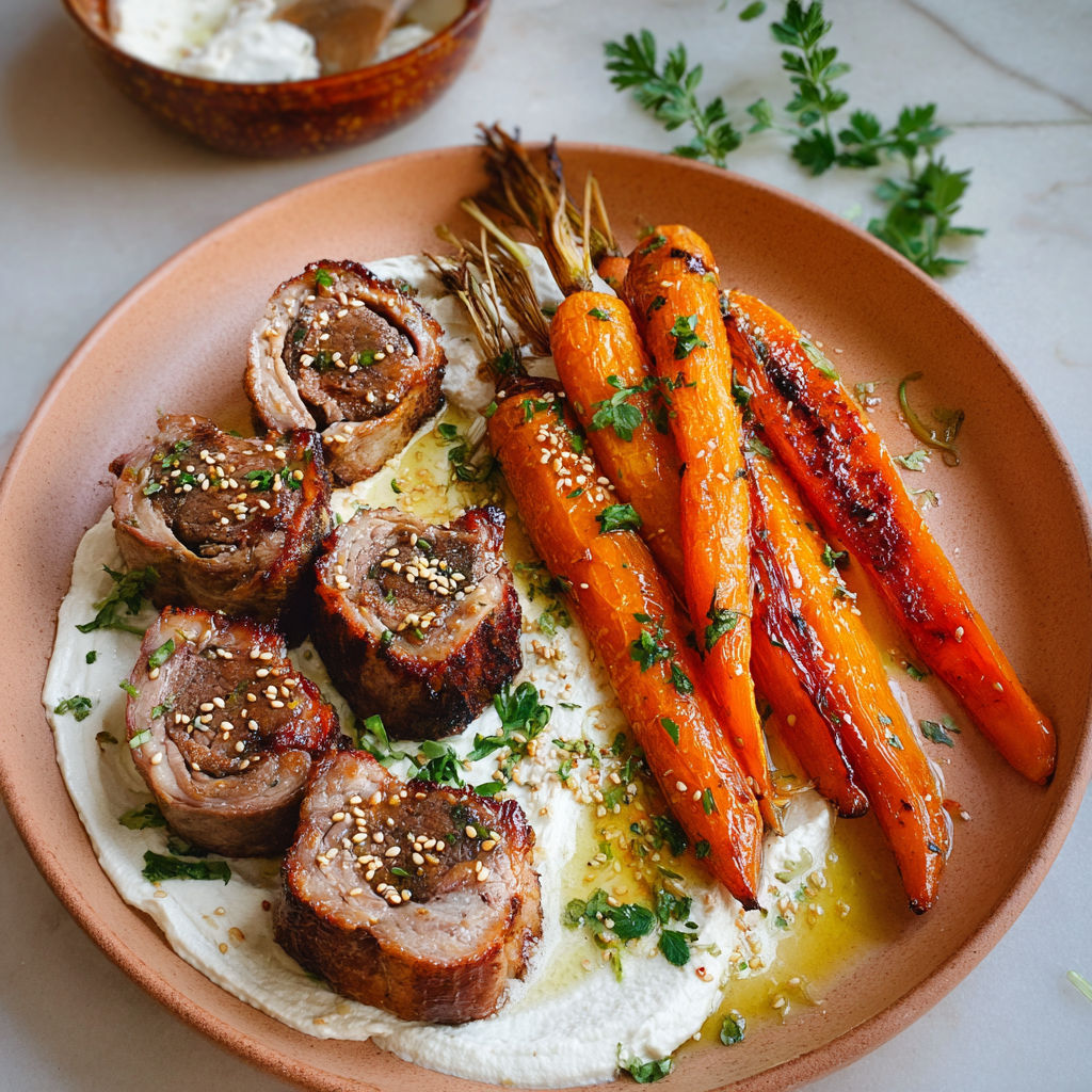 Assiette appétissante avec filet d'agneau, carottes nappées de miel et graines de sésame, accompagnée d'une sauce crémeuse.