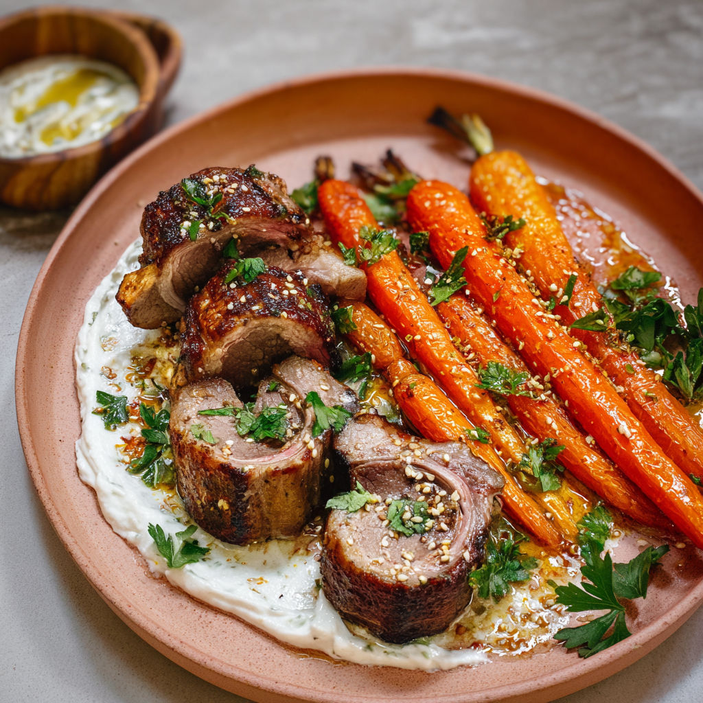 Plat d'agneau avec carottes fondantes et herbes fraîches.