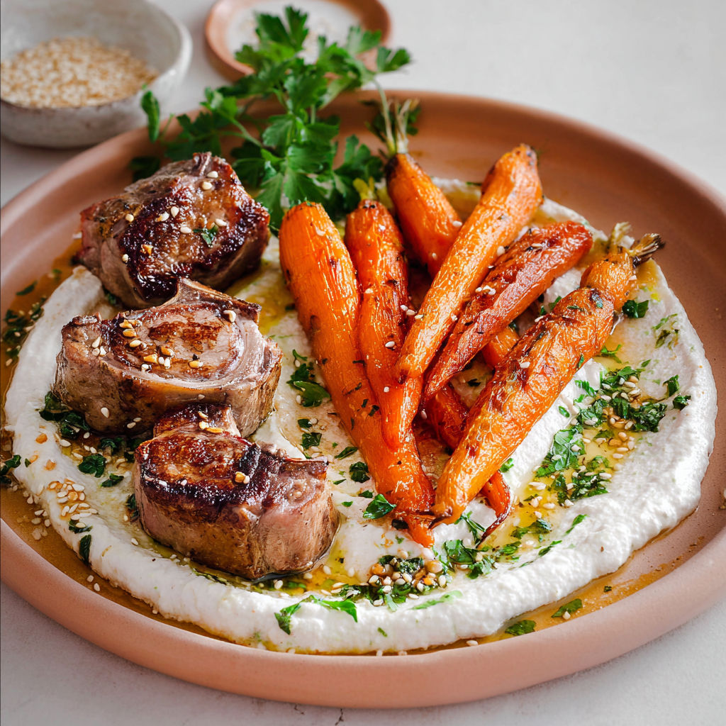Carottes et agneau avec sauce yaourt herbes, plat familial.