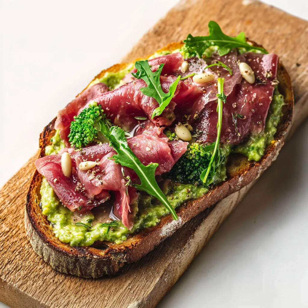 Tartine généreuse de carpaccio sur pain grillé, pesto de brocolis aux amandes et pignons.