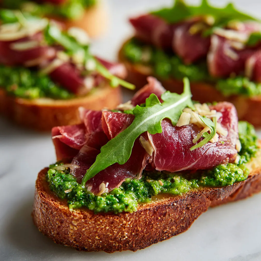 Pain au levain doré, carpaccio ultra fin, roquette croquante, pesto crémeux maison.