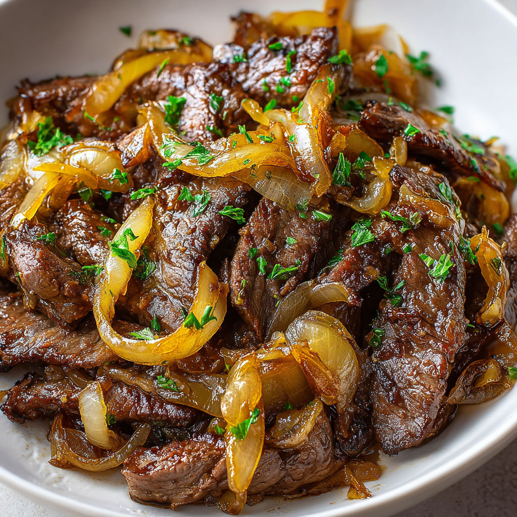 Un délicieux plat de bœuf tendre et oignons dorés servi chaud.