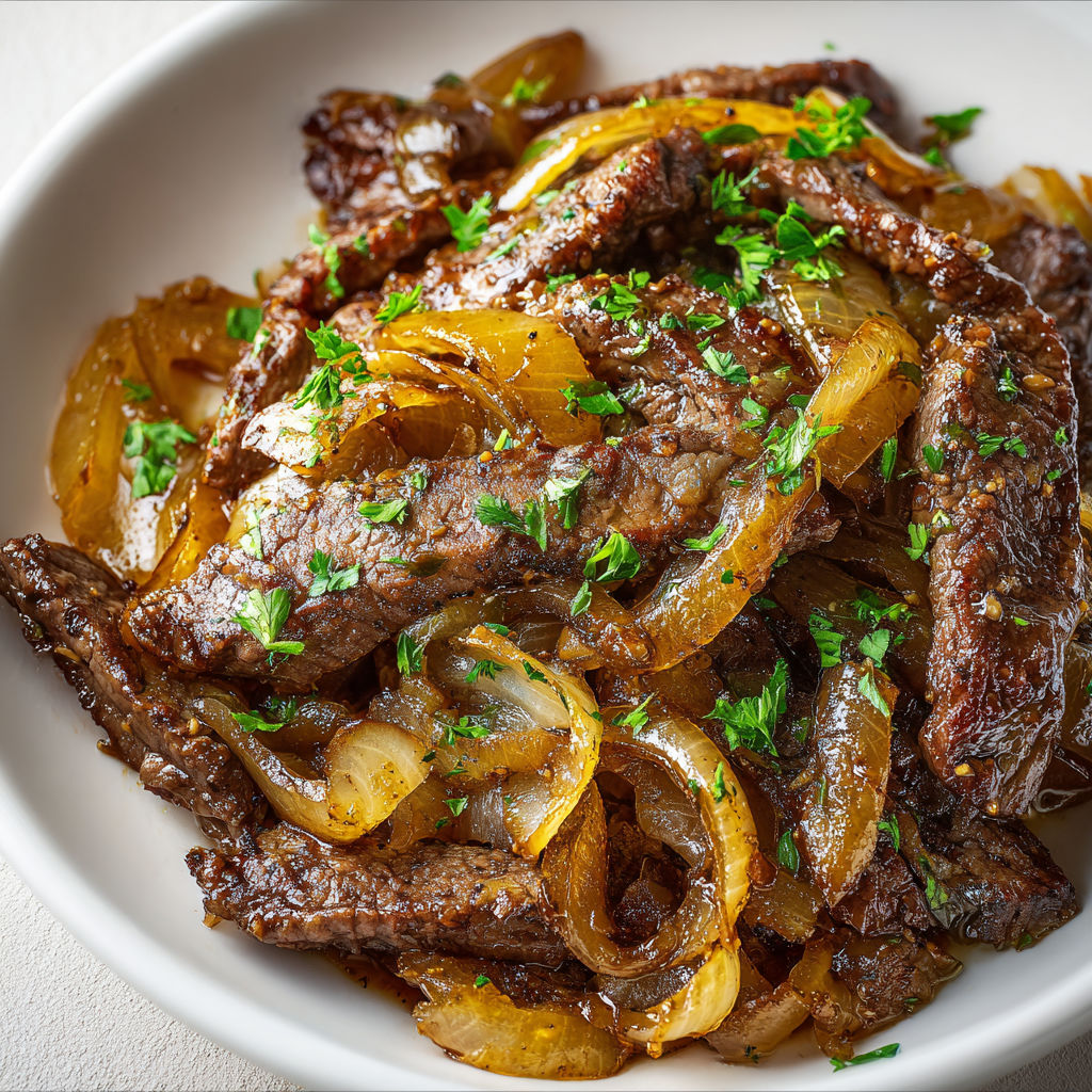 Bœuf mijoté tout tendre avec oignons caramélisés et sauce brillante style bistrot.