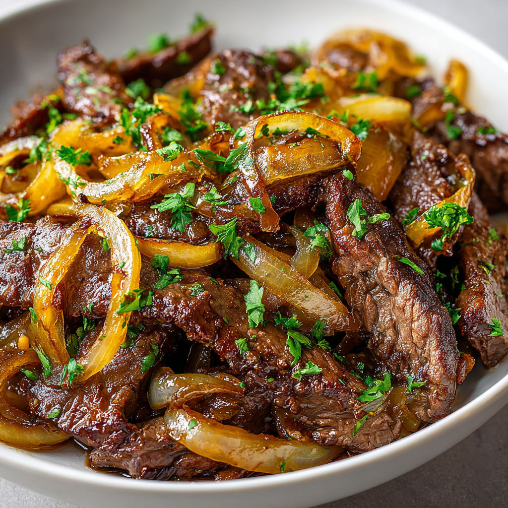 Bœuf émincé ultra fondant et oignons dorés avec pointe de vinaigre.