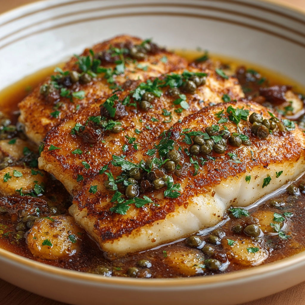 Filets de poisson dorés au beurre, sauce citron et câpres à la bourguignonne.