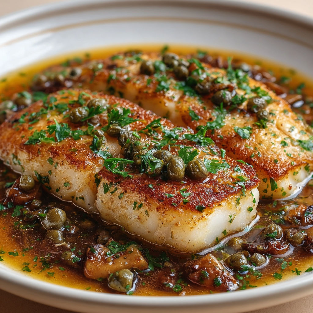 Cabillaud croustillant et doré, nappe de sauce meunière parfum haut en bouche.