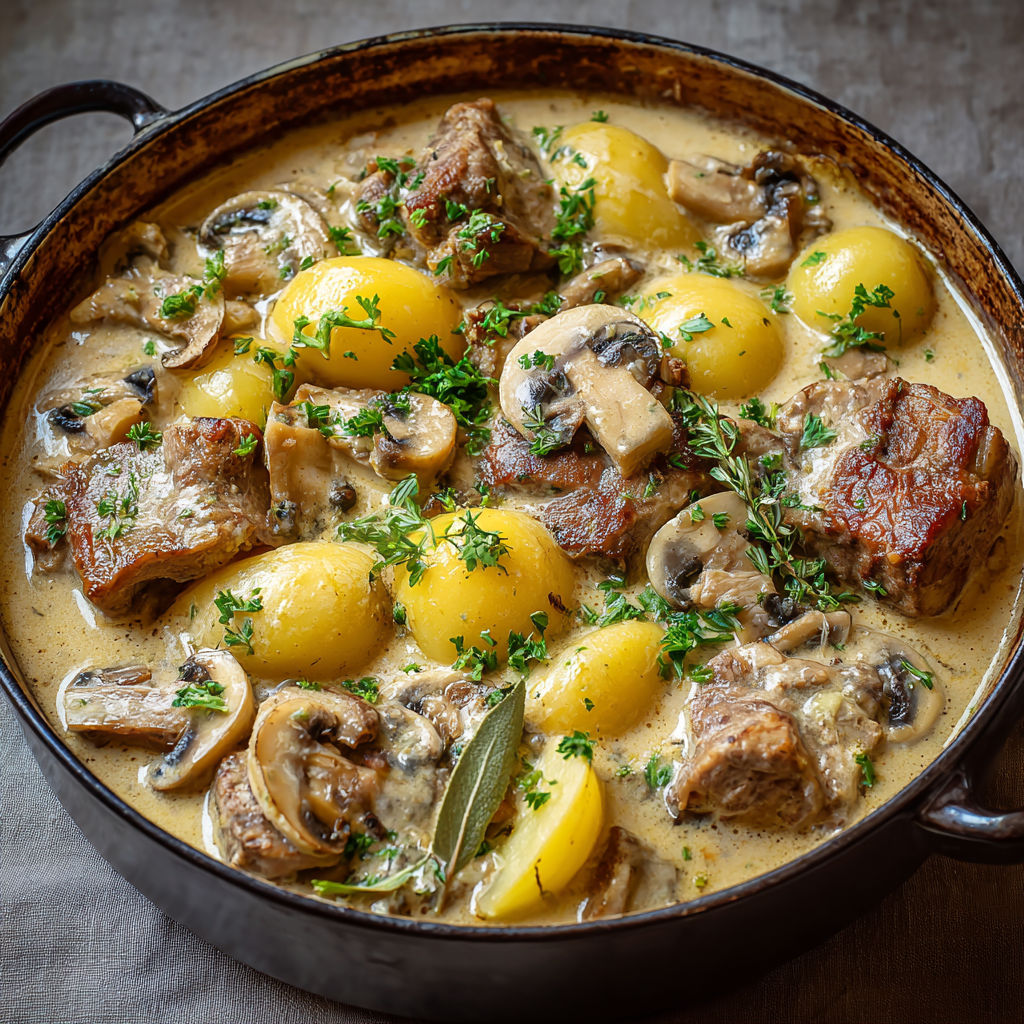 Porc mijoté avec champignons et crème, un plat familial réconfortant.