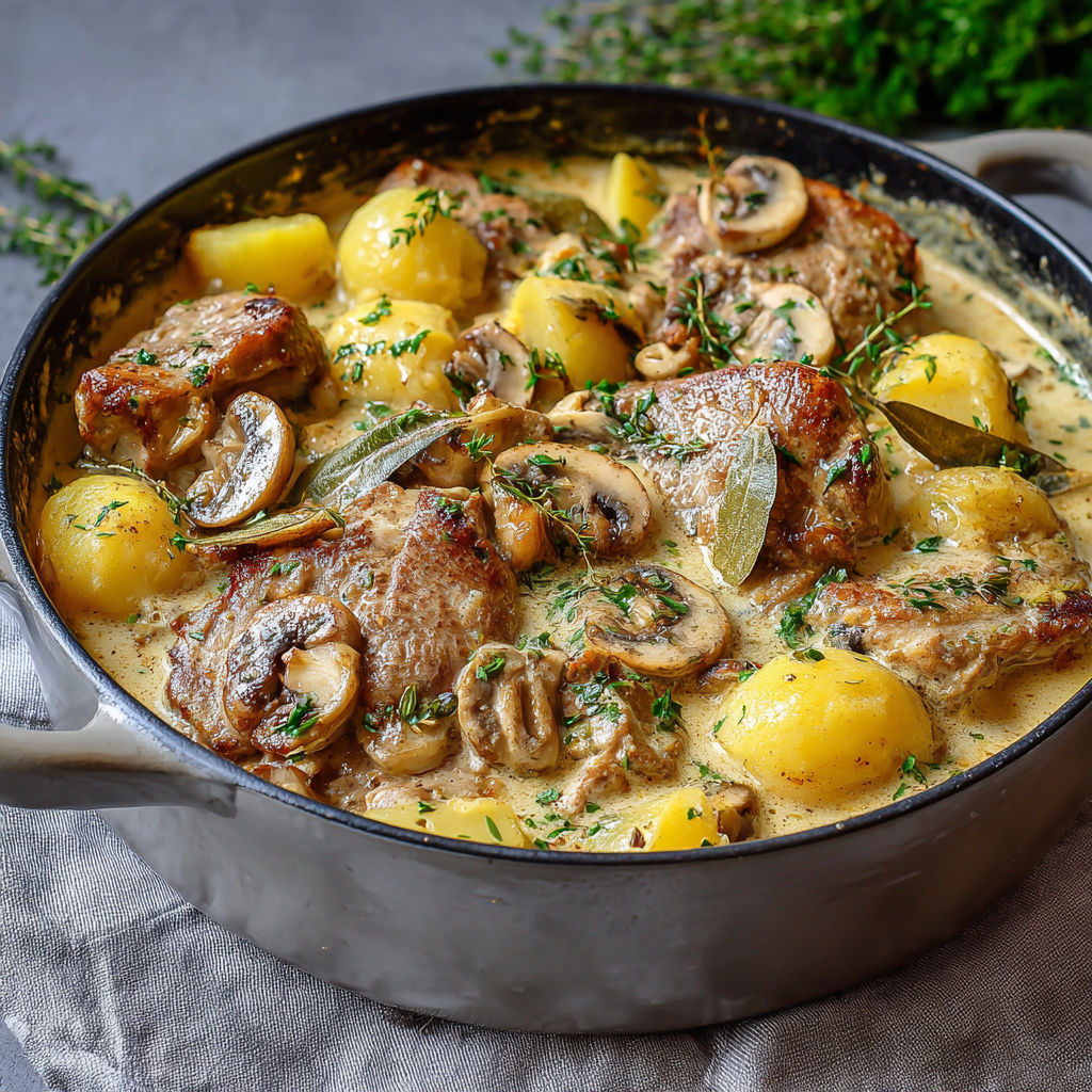 Porc crémeux ultra fondant avec champignons et pommes de terre bien tendres.