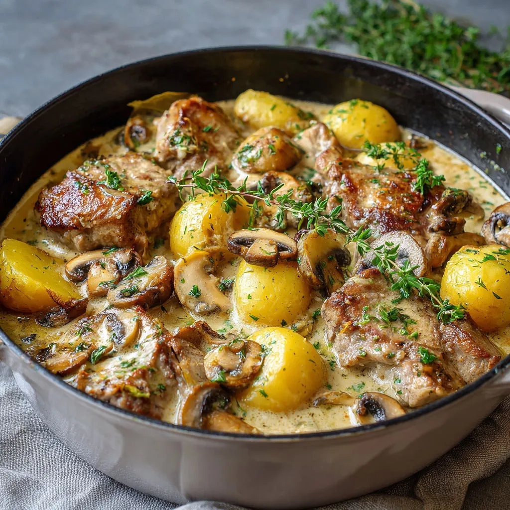 Cocotte conviviale de porc à la crème parfumée de thym et laurier.