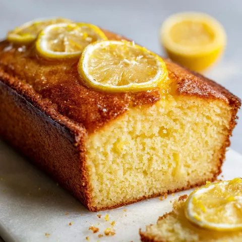 Part de gâteau citron et pavot avec huile d'olive, décorée de citrons en arrière-plan.