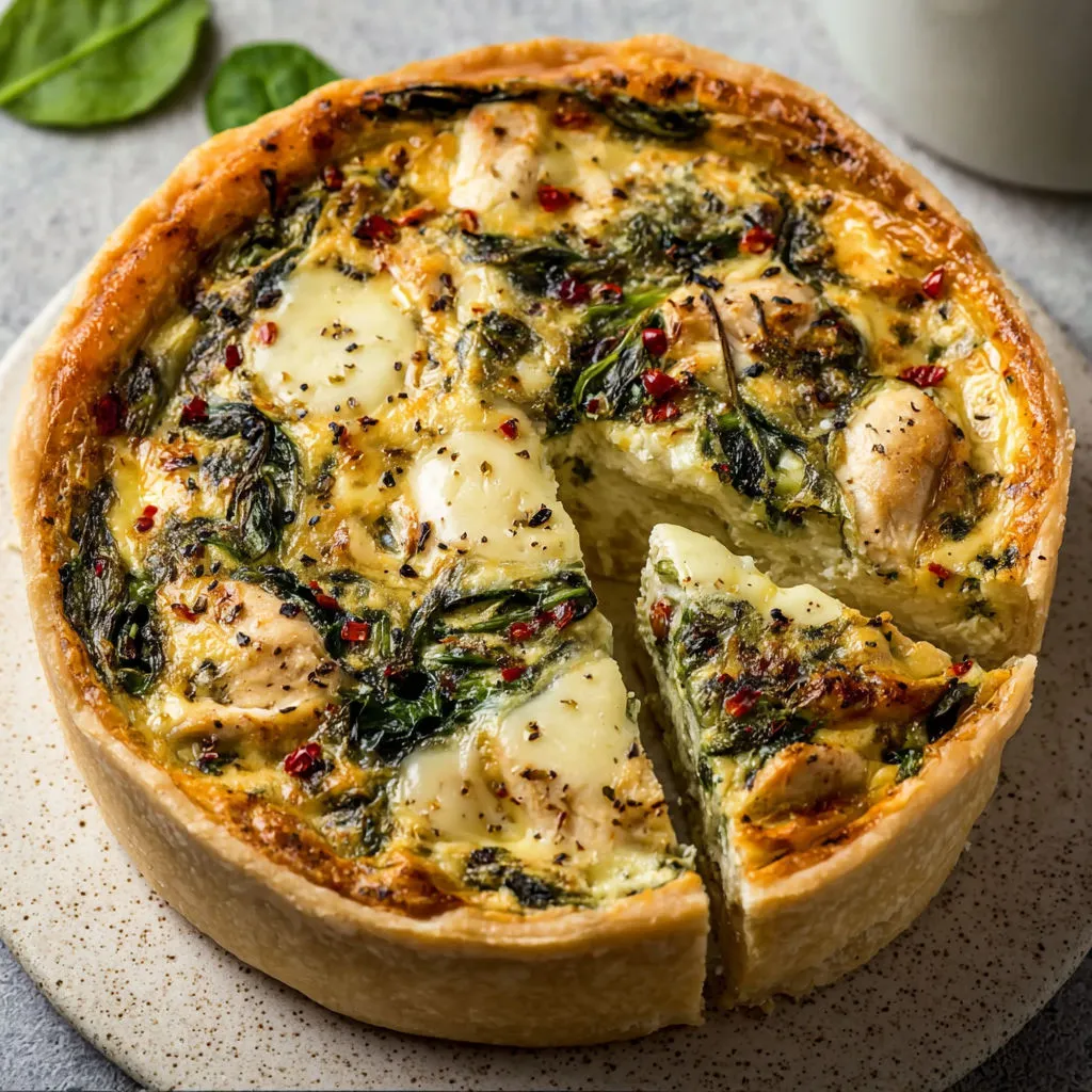 Une tarte dorée aux épinards et au poulet fondant surmontée de mozzarella.