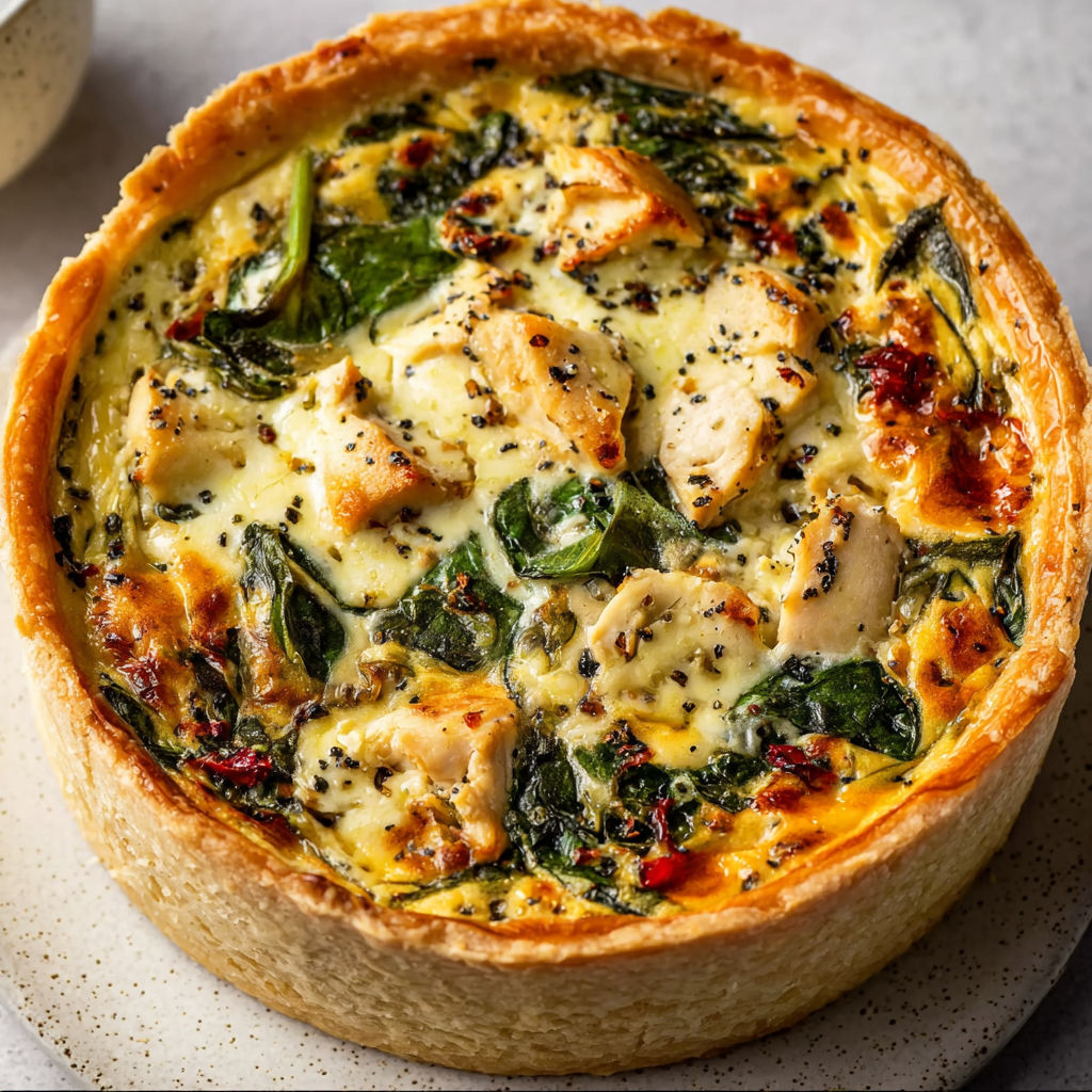 Tarte salée dorée aux épinards, poulet moelleux et mozzarella filante.