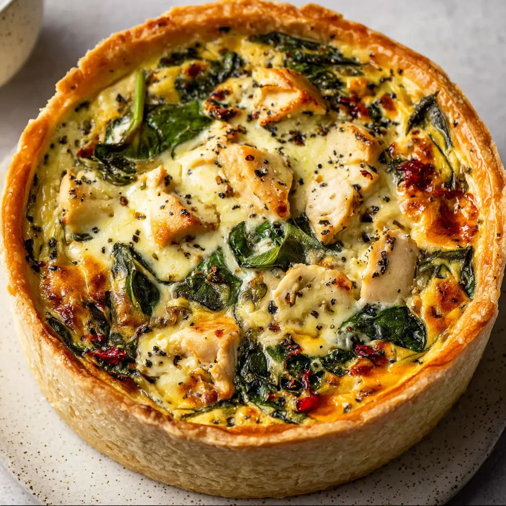 Tarte salée dorée aux épinards, poulet moelleux et mozzarella filante.
