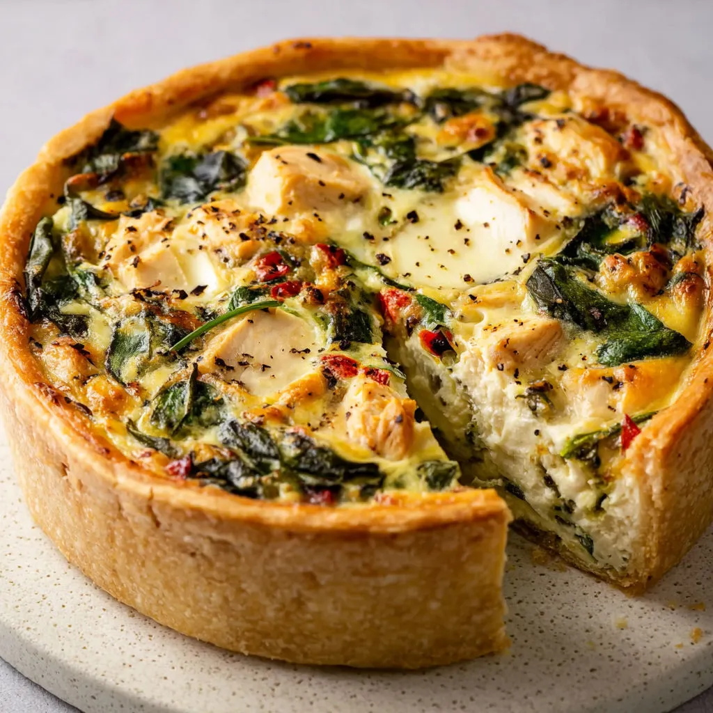 Tarte maison crémeuse aux épinards et poulet, gratinée de mozzarella au-dessus.