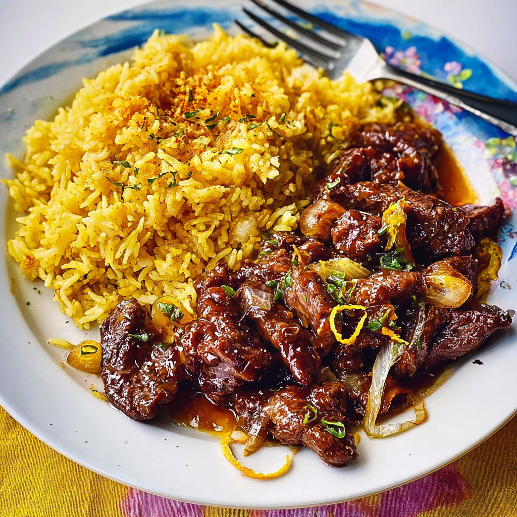 Boeuf sauté aux agrumes avec riz parfumé aux épices.