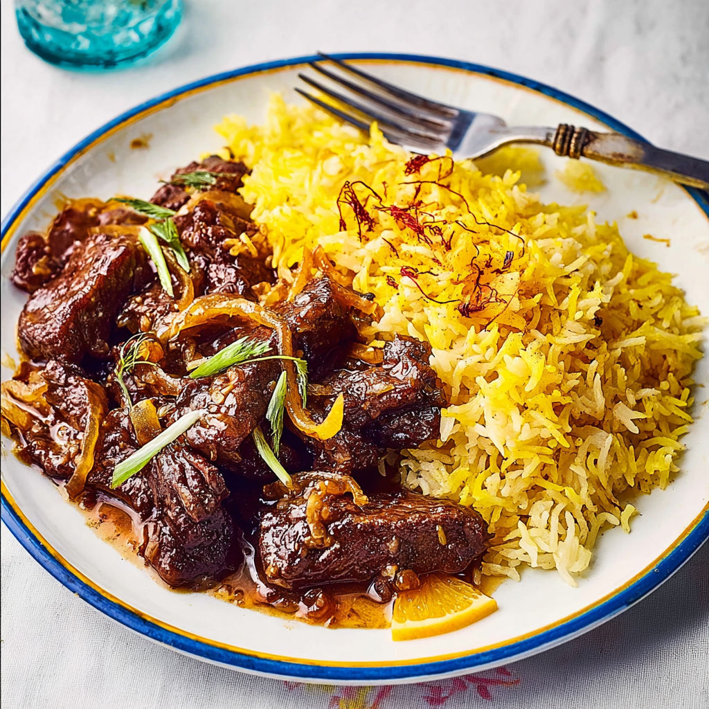 Onglet de bœuf doré aux agrumes servi sur lit de riz épicé.