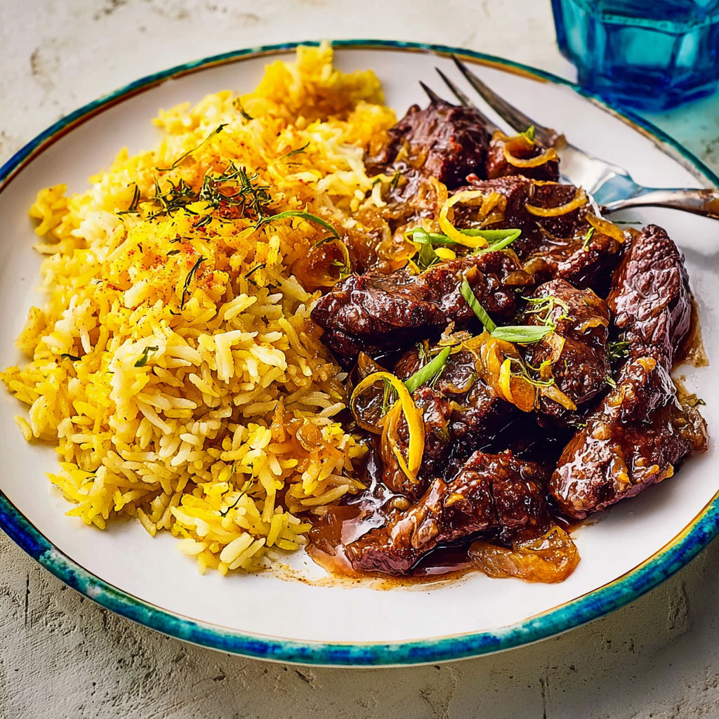Lamelles d’onglet caramélisées à l’agrume avec riz doré au curcuma et gingembre.