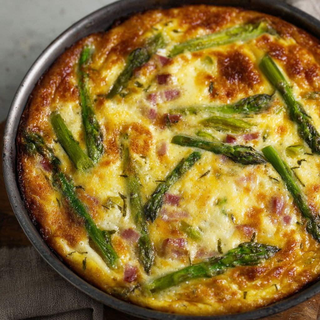 Bol garni d’une quiche légère aux asperges et jambon, prête à déguster.