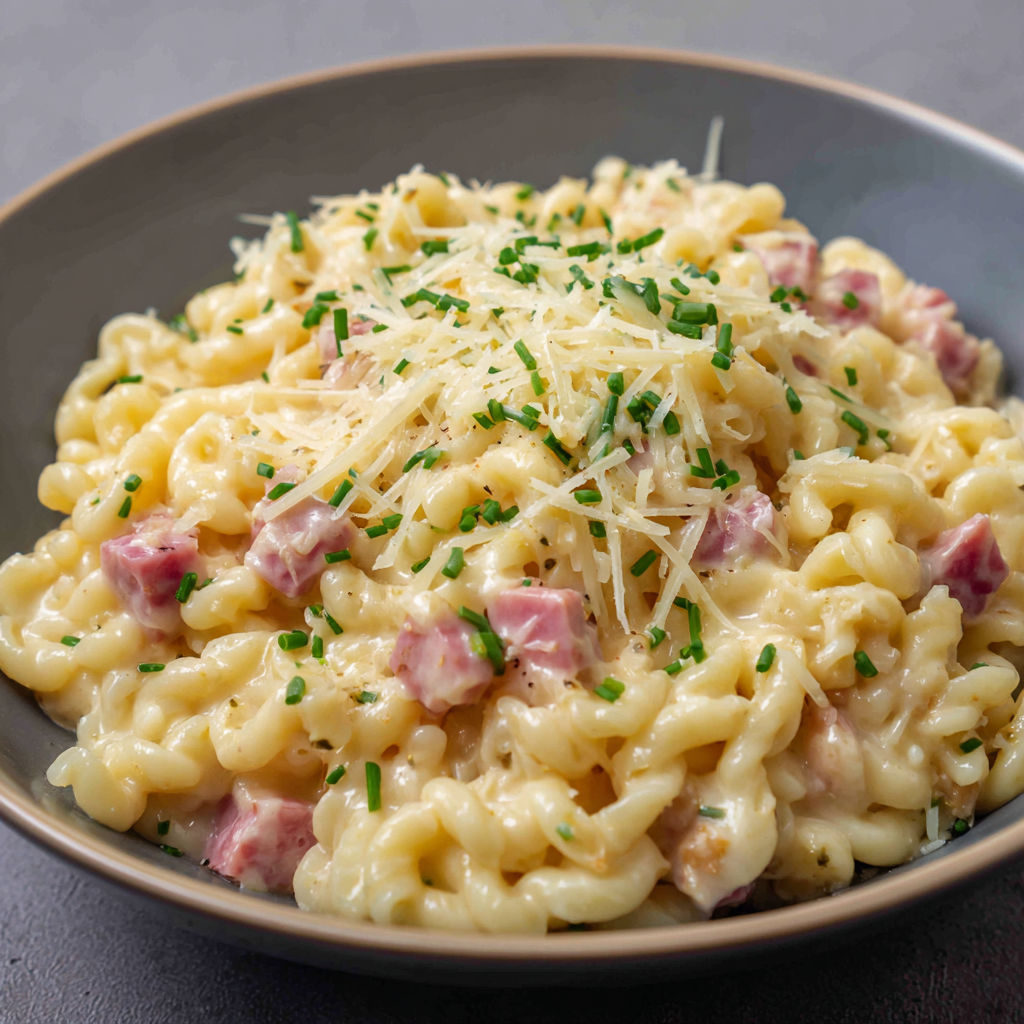 Plat de risotto crémeux aux coquillettes, jambon et comté servi chaud.