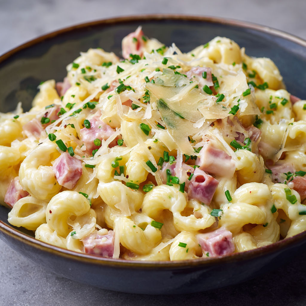 Plat gourmand de coquillettes crémeuses, jambon tendre et comté râpé.