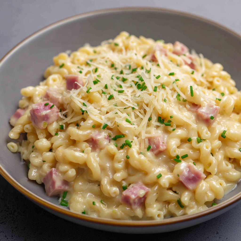 Coquillettes toutes crémeuses façon risotto avec jambon et comté fondant.