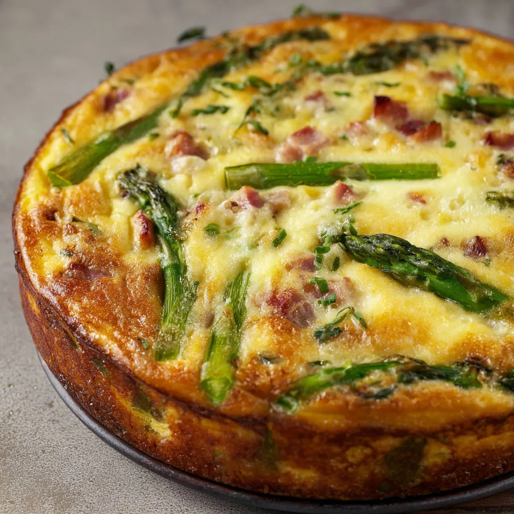 Quiche sans pâte légère à l’asperge verte et jambon tendre.