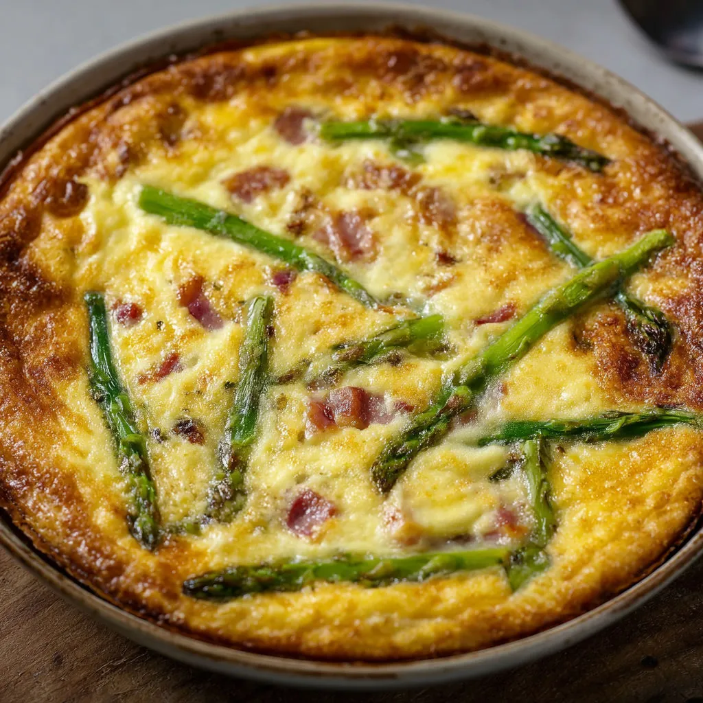 Quiche sans pâte moelleuse à l’asperge et fromage gratiné.