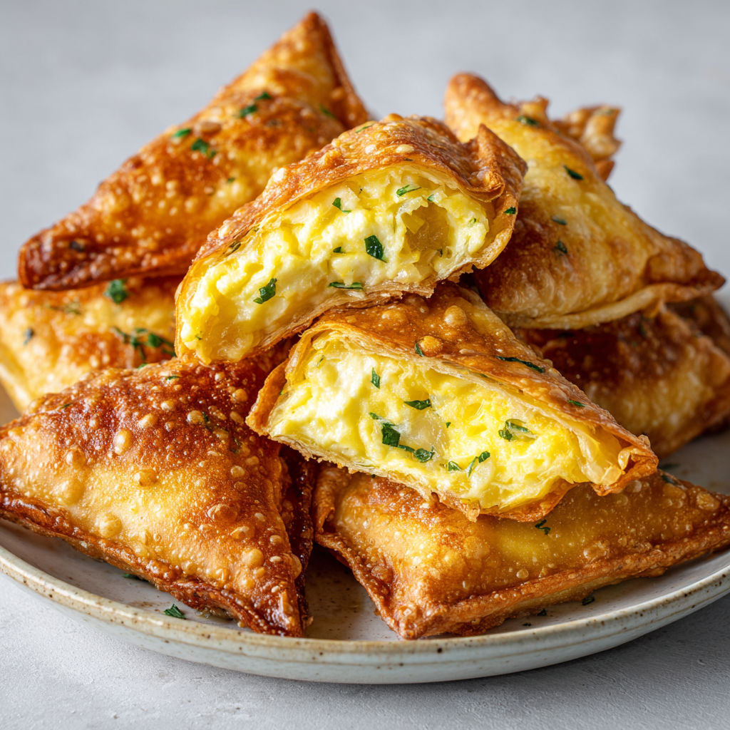 Des bricks dorées garnies de Kiri et d'œufs empilées sur un plat.