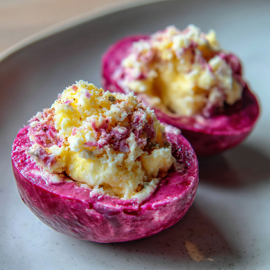 Œufs roses et crabe joliment servis sur plat.