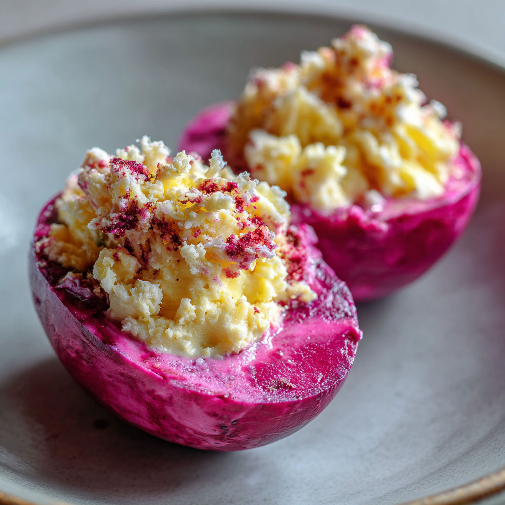 Œufs mimosa à la betterave et crabe onctueux.