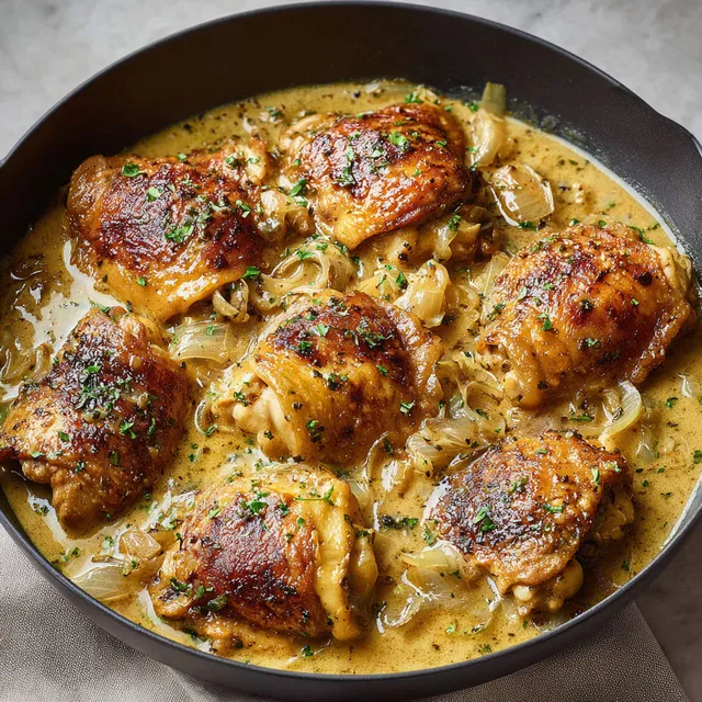 Poulet moelleux normand avec sauce crème.