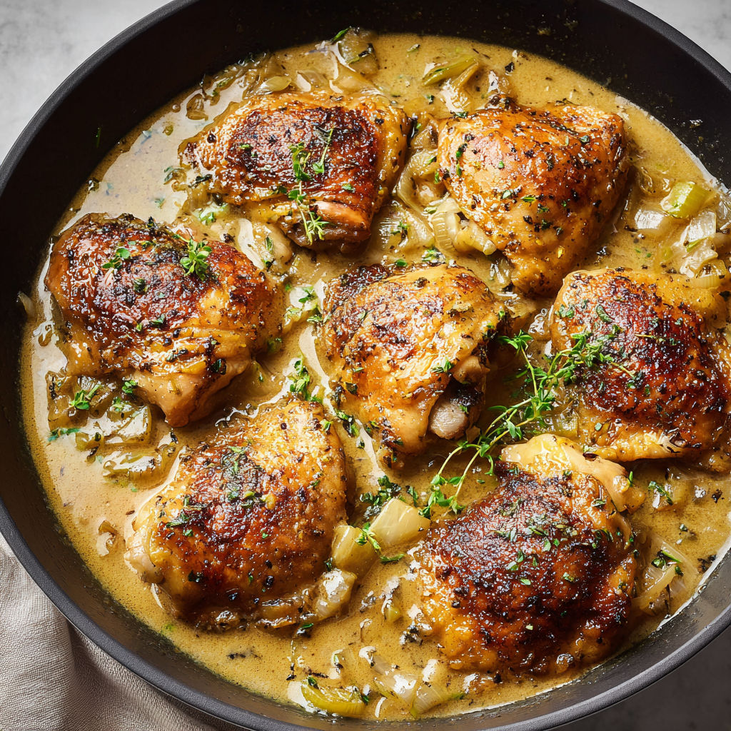 Poulet Normand Rôti, Sauce Crème Cidre Moutarde.