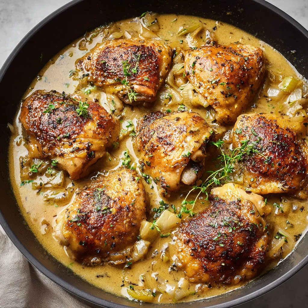Poulet Normand Rôti, Sauce Crème Cidre Moutarde.