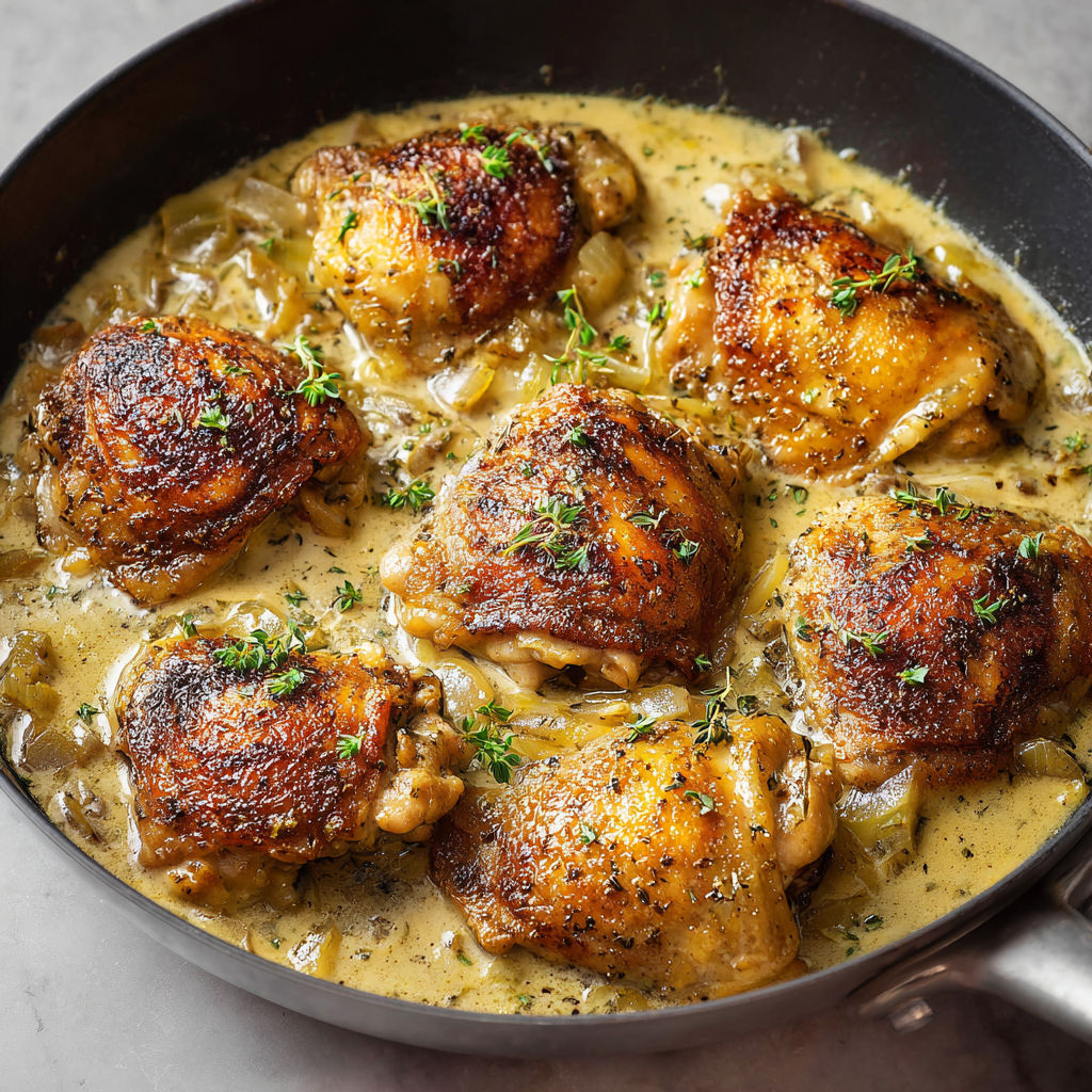 Hauts de Cuisse Poulet Fermier, Légumes Fondants, Sauce Normande.