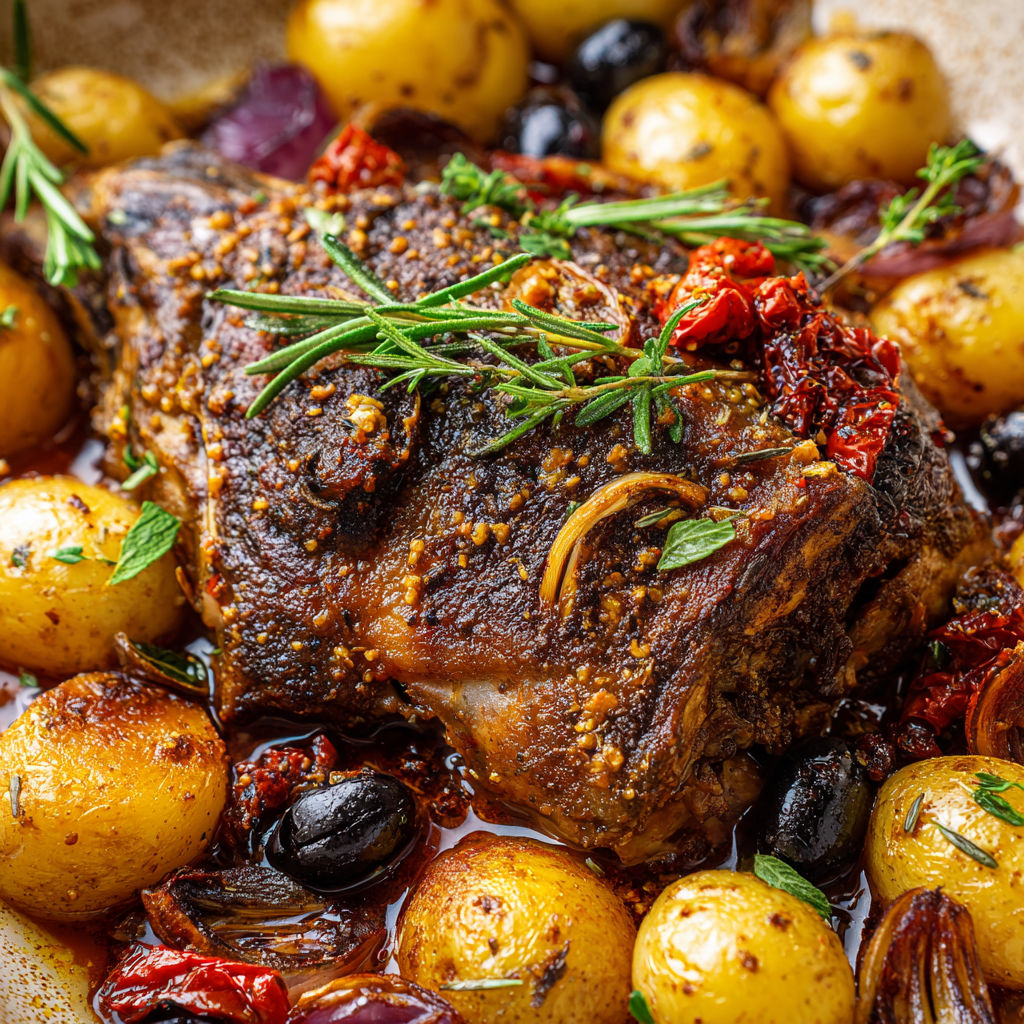 Une épaule tendre de chevreau rôtie aux herbes et légumes méridionaux.
