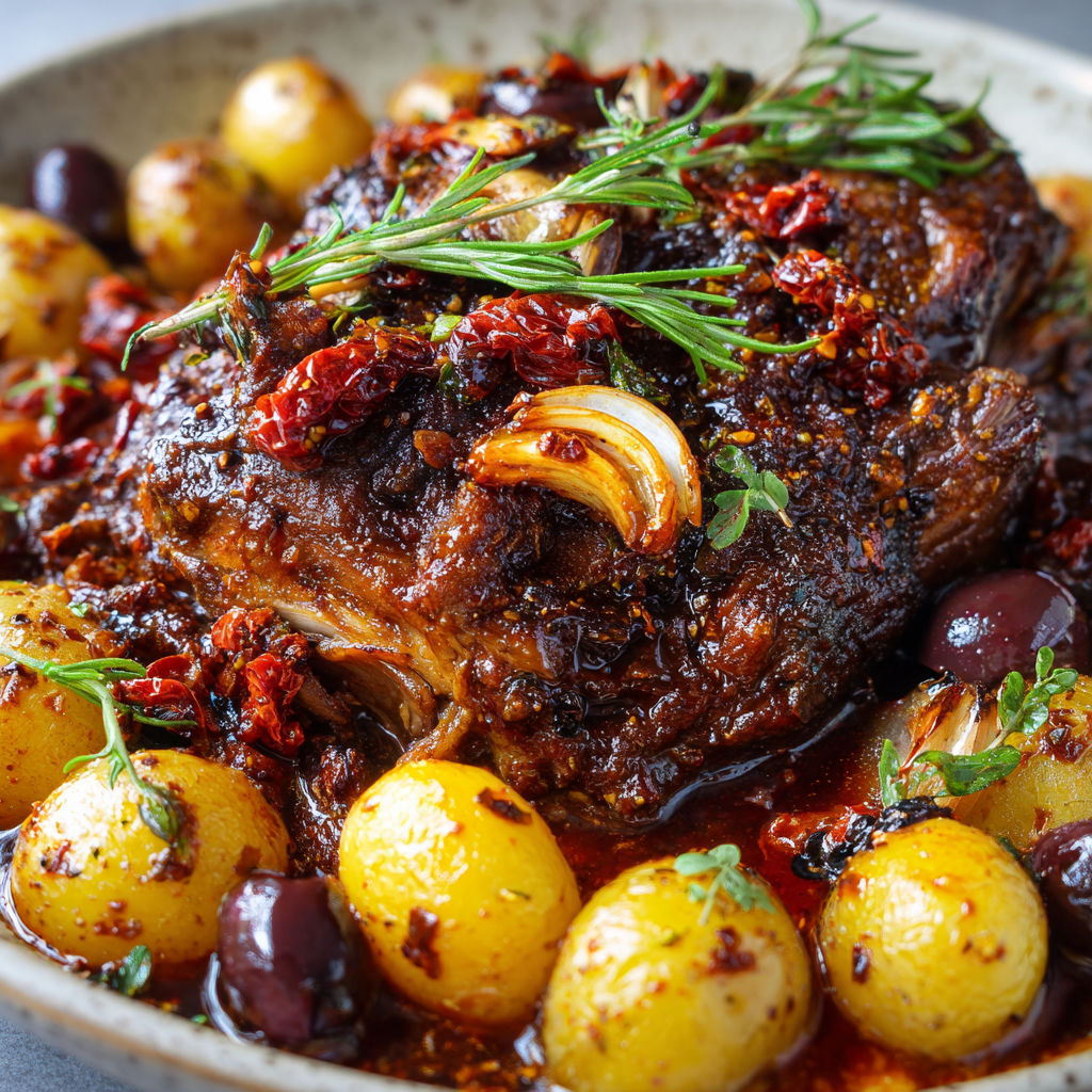 Épaule de chevreau méditerranéenne toute dorée avec légumes et herbes fraîches.