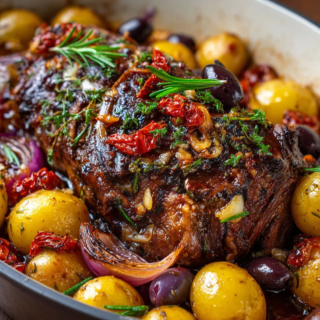 Un bon plat d’épaule de chevreau braisée au Sud, avec légumes et herbes fraîches.