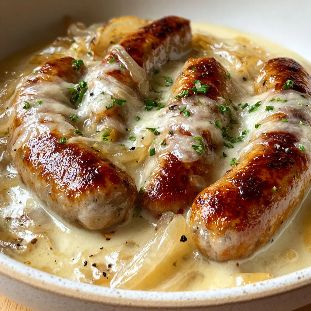 Plat savoureux de saucisses, fromage fondu et oignons caramélisés.