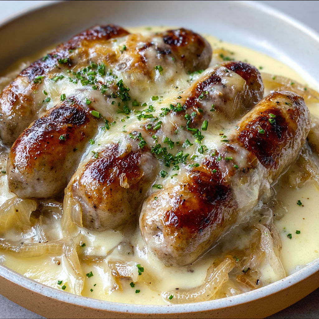 Plat de saucisses fromage et oignons fondus bien gourmand.
