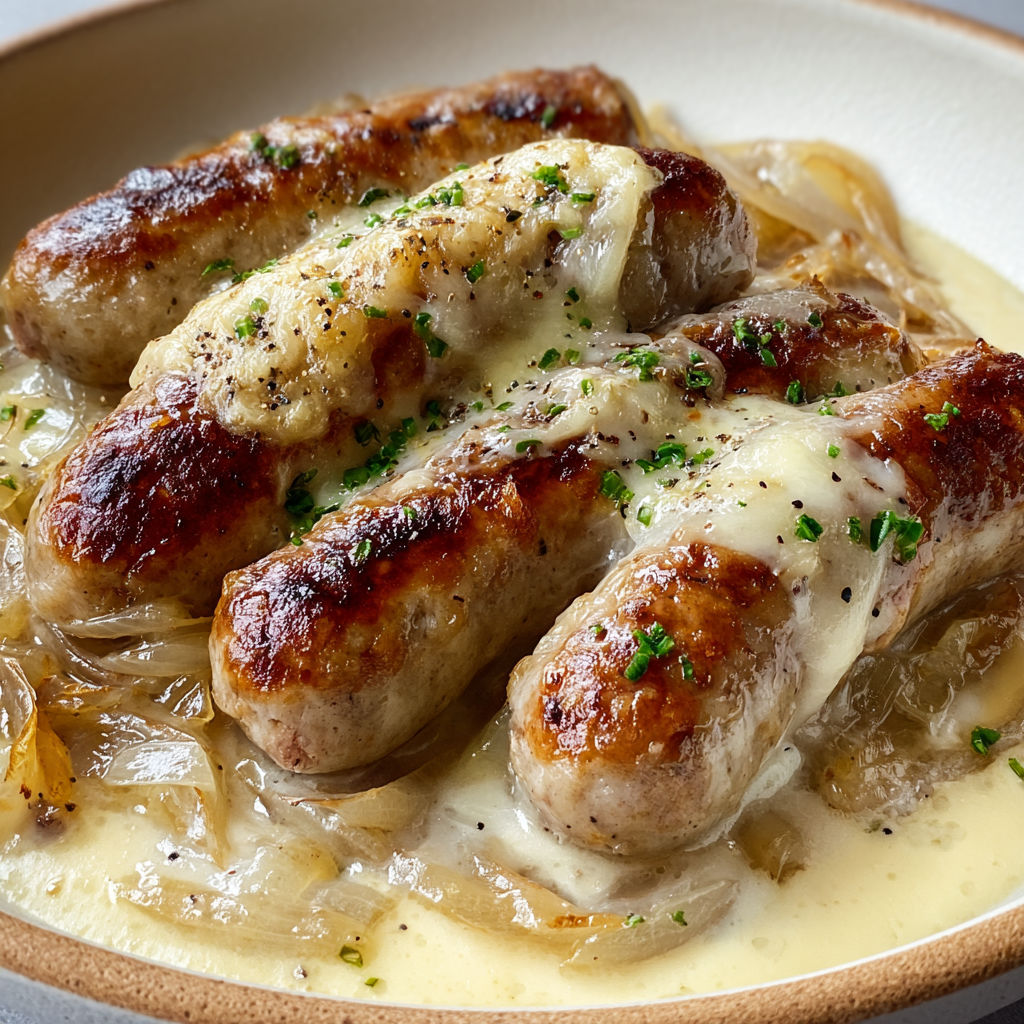 Chipolatas gratinées à la crème et fromage avec oignons doux.