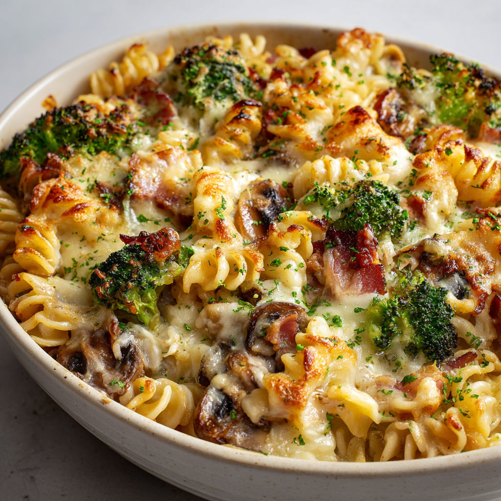 Un délicieux gratin au reblochon et champignons, prêt à déguster.